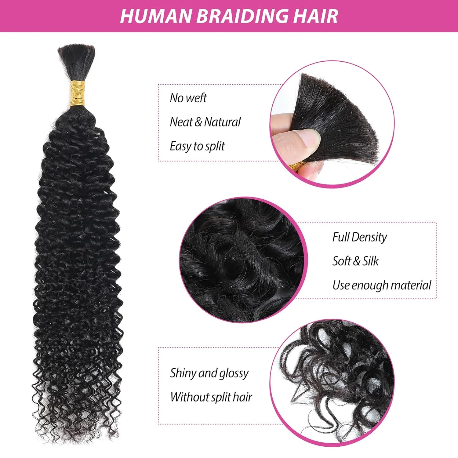 Extensiones de cabello trenzado humano, 50g/mechones, cabello humano a granel de onda profunda de 18 pulgadas para paquete trenzado, cabello humano rizado brasileño