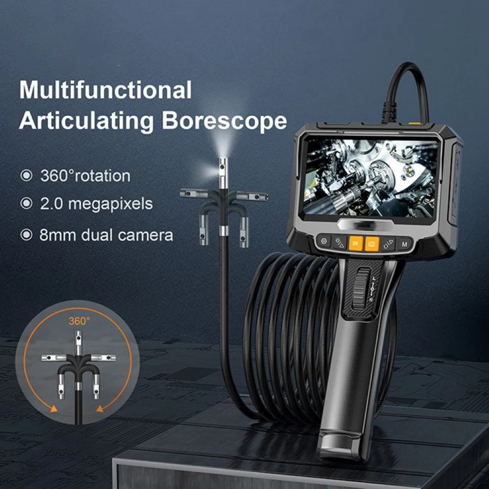 360° Steering Endoscope Camera 8mm Single&Dual Lens Inspection Borescope 1080P 5"IPS Screen For Car Engine Sewer Pipe