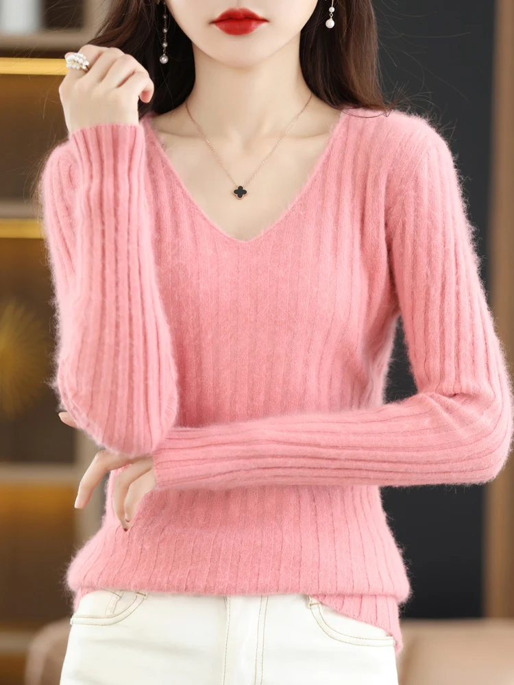 2024 New Autumn Winter Women 100% Mink Cashmere Sweater V-neck Pullover Soft Qulity Knitwear Solid 8 colors Slim Fit Top Jumpers