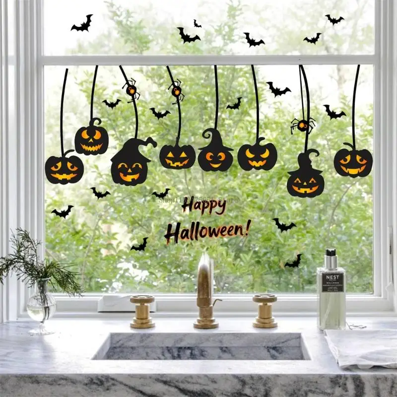  Easy Installation Bat Pumpkin Window Clings Halloween Party Decors Static Adhesive PVC Sticker Glass Door Decal Set