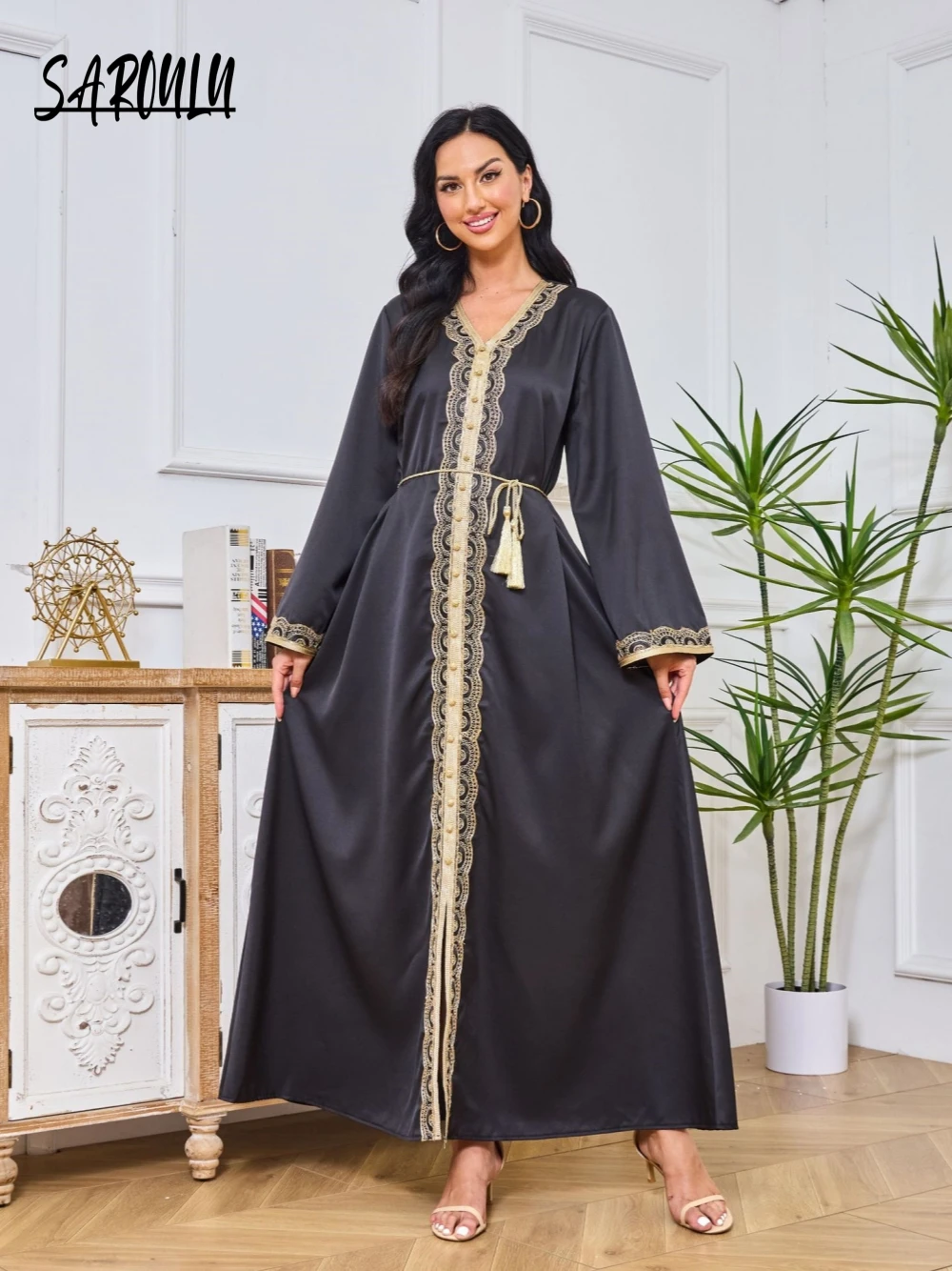 Black A-line Embroidery Lace V Neck Women Evening Dress Muslim Long Sleeves Prom Elegant Abaya Customized Simple Dubai Robe