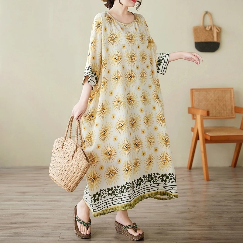 

Летнее платье больших размеров с цветочным принтом и круглым вырезом, свободный крой, рукава реглан, повседневная повседневная одежда, удобная элегантная женская одежда