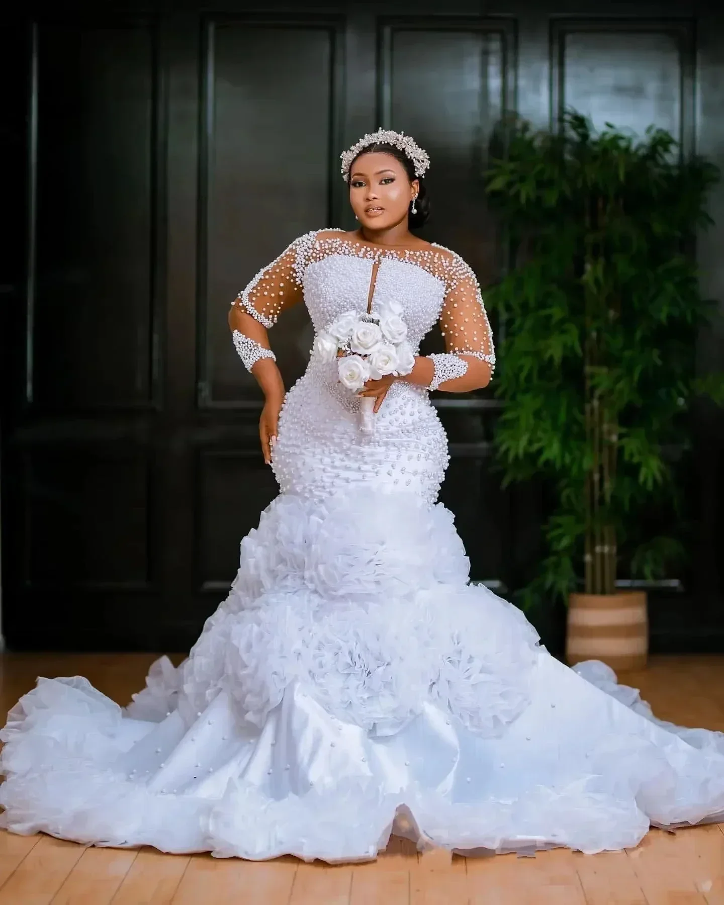 Customized Heavy Pearls Wedding Dress for Bride Vestidos De Novia Long Sleeve Handmade Flowers Mermaid Bridal Gowns