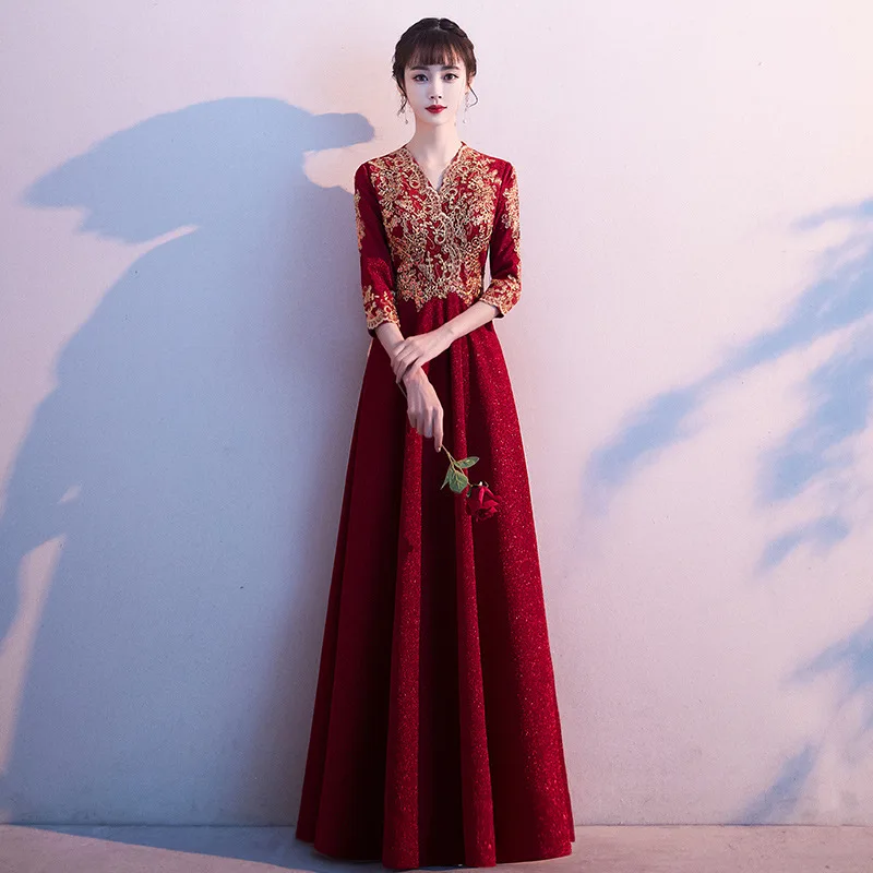 

Ele Chinese Sle Long Sve Wedding Dr 2024 New Slimming Evening Gown for Bride Marriage Celebration Par Skirt