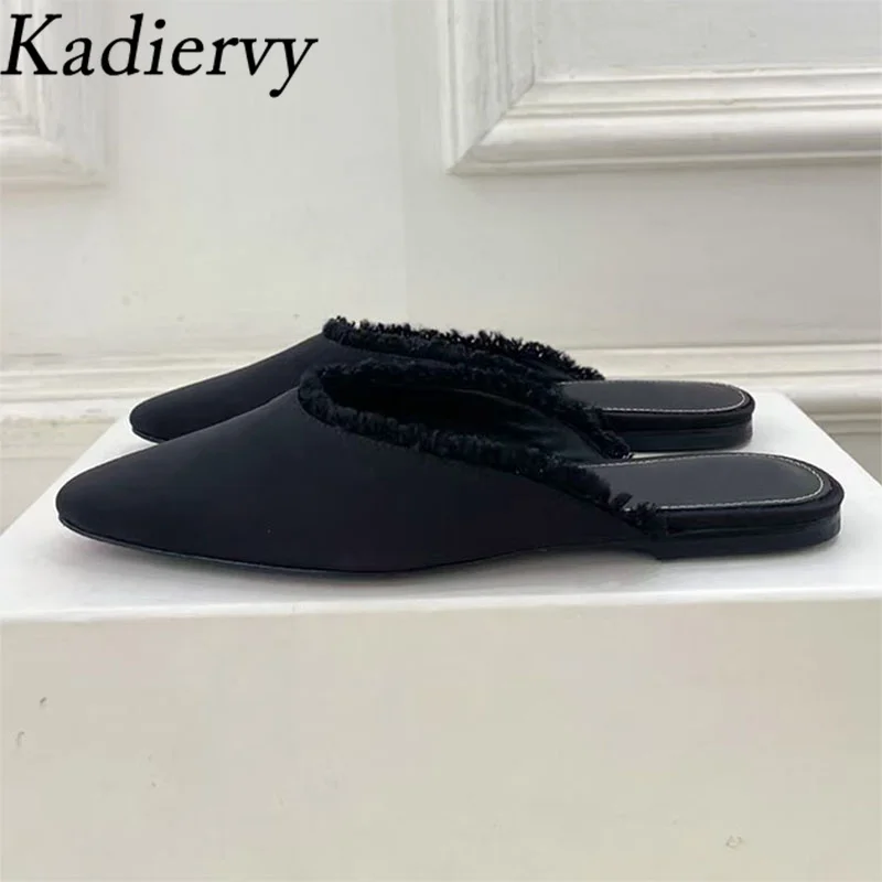 

New Spring Slippers Women Satin Fringe Mules Shoes Women Round Toe Slides Comfort Flat Coffee Black Slippers Woman
