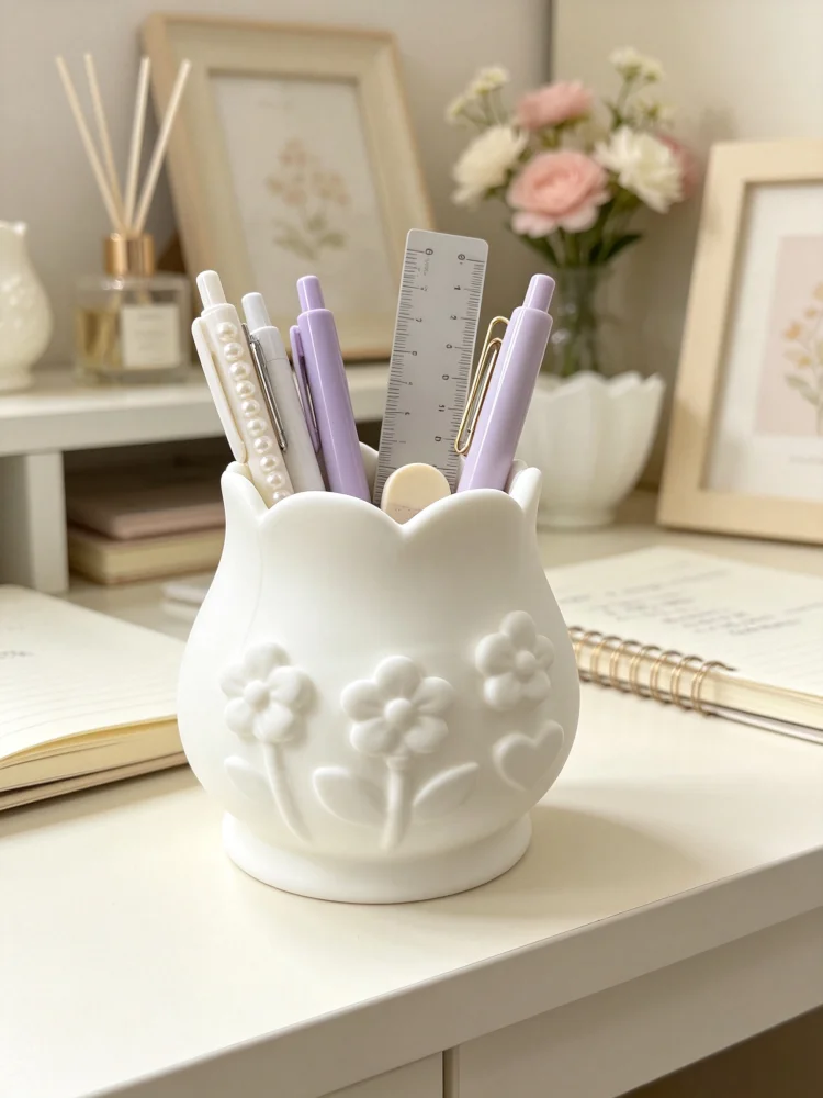Desk Organizer Box with Floral Embossed Petals, White Matte Pen Holder, Large Capacity and Wide Opening Design, Office and Student Stationery Storage Container, Makeup Brush Organizer for Dressing Table, Can Hold Various Small Desktop Items, Simple, Elegant, Cute Home Decor Ornament, Gift