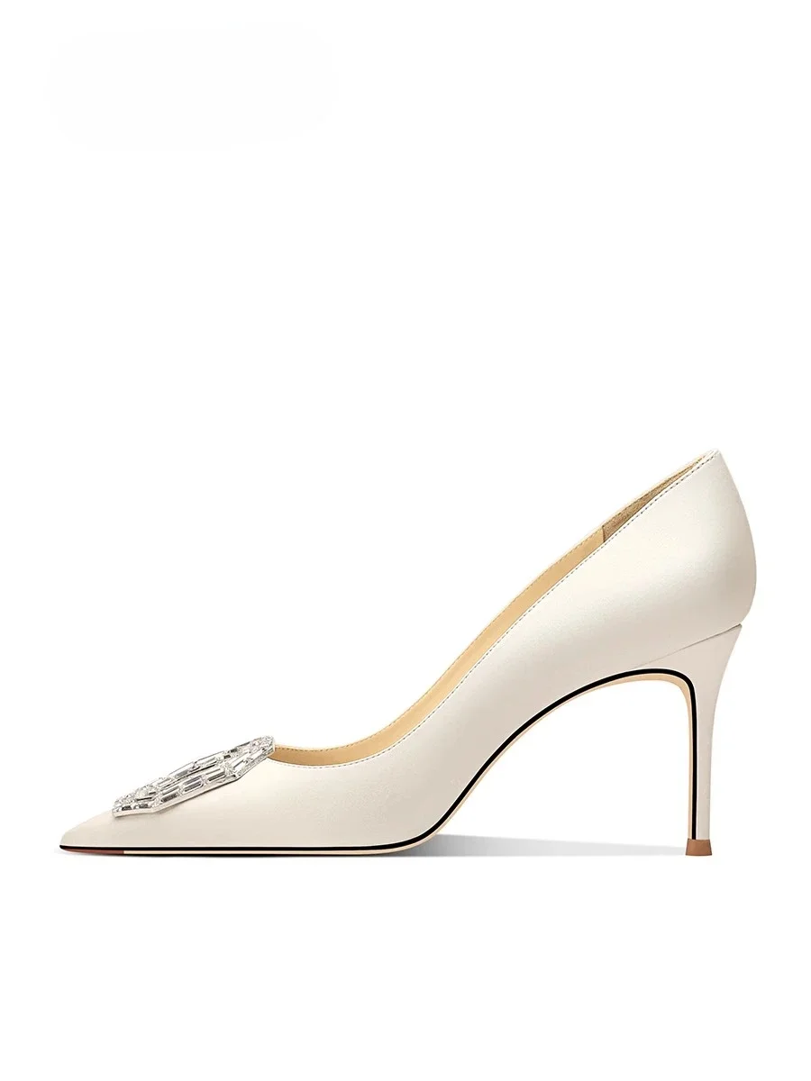 2025 Spring and Autumn New Women's Pointed Fine Heels White Satin Shallow Mouth Fashion Bridal Dress High Heels Shoe