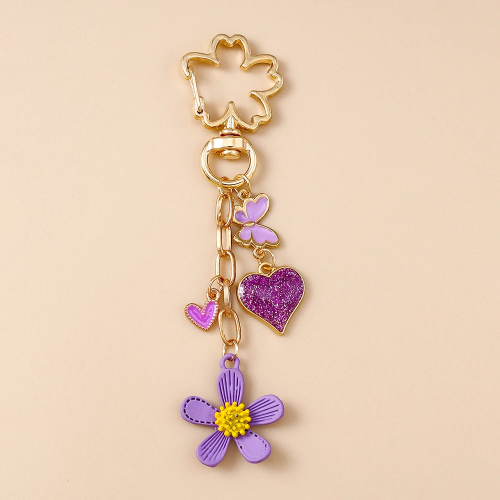 New  Enamel Love Heart Keychain Flower Key Ring Pendants for Women Girls Handbag Decor DIY Handmade Key Chain Gifts
