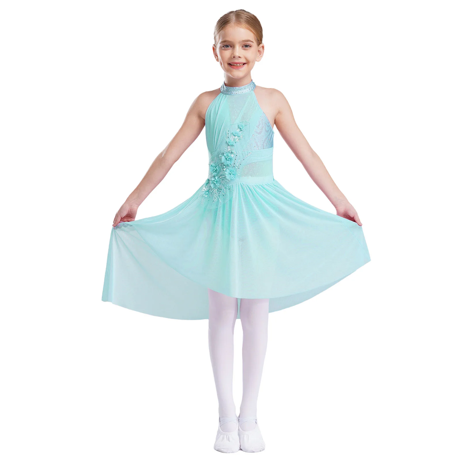 

Kids Girls Lyrical Dance Dress Sleeveless Sparkly Rhinestones Applique Irregular Hem Leotard Dress Ballet Gymnastics Dancewear