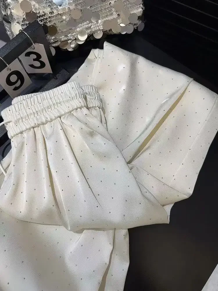 Black Satin Beading Solid Women Pants Spring Wide Leg Korean Fashion Pantalones De Mujer Elastic High Waist Trousers Sweatpants