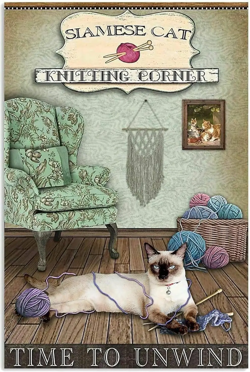 Retro Metal Poster Knitting Corner Siamese Cat Metal Tin Signs Vintage Plaque Wall Decor Gift 8x12 inch