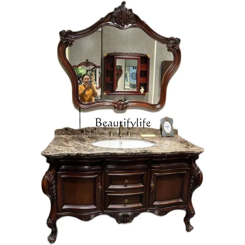 

European bathroom cabinet Oak hand washbasin cabinet Floor-to-ceiling washtable Solid wood antique bathroom cabinet Marble table