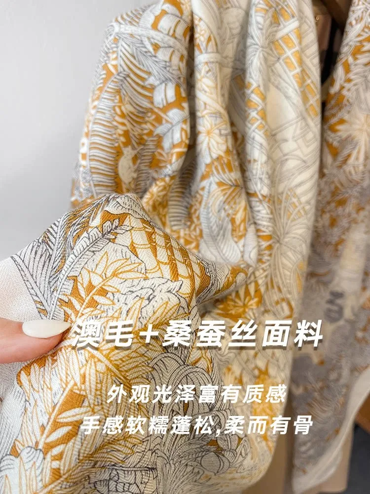 Elegant beige silk and wool scarf new large square air conditioner room shawl for outerwear
