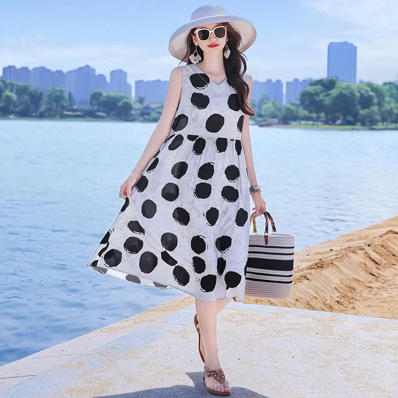 Modna sukienka na ramiączkach z motywem kwiatowym, wykonana z sztucznego jedwabiu bawełnianego, damska letnia sukienka dla mamy, luźna, duży rozmiar, spódnica o kroju litery A za kolano.