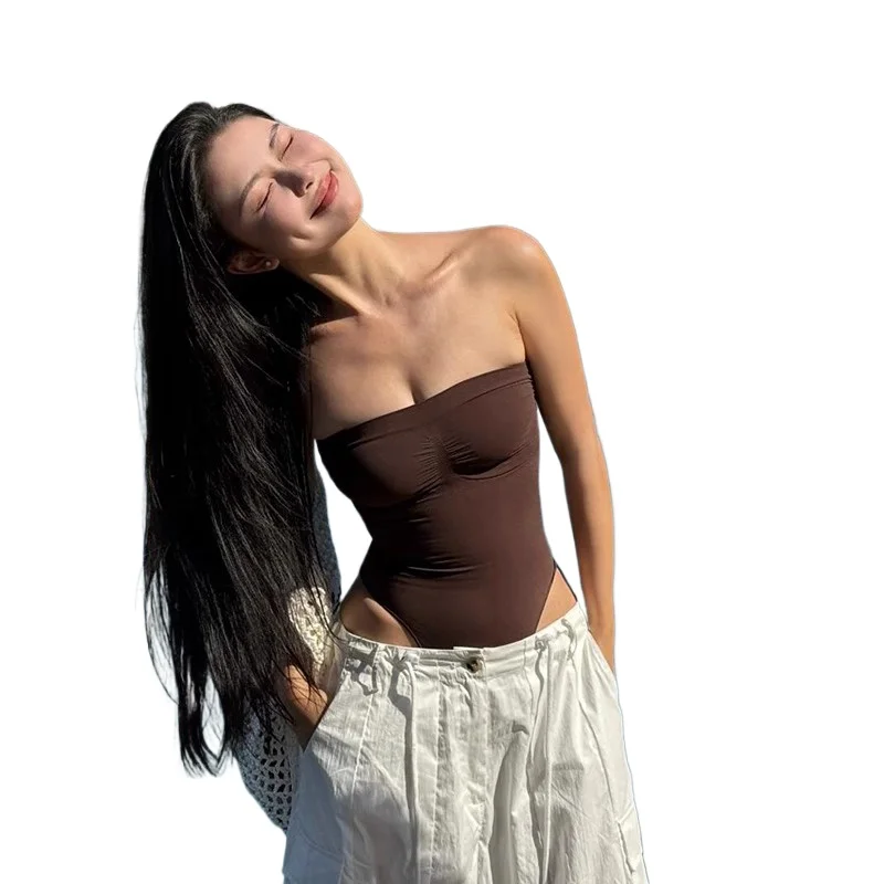 Seamless Bandeau Strapless Bodysuits with Ruched Bust Stretchy Soft Playsuits Hotsweet Style Y2K Club Party Lady Wear for Women