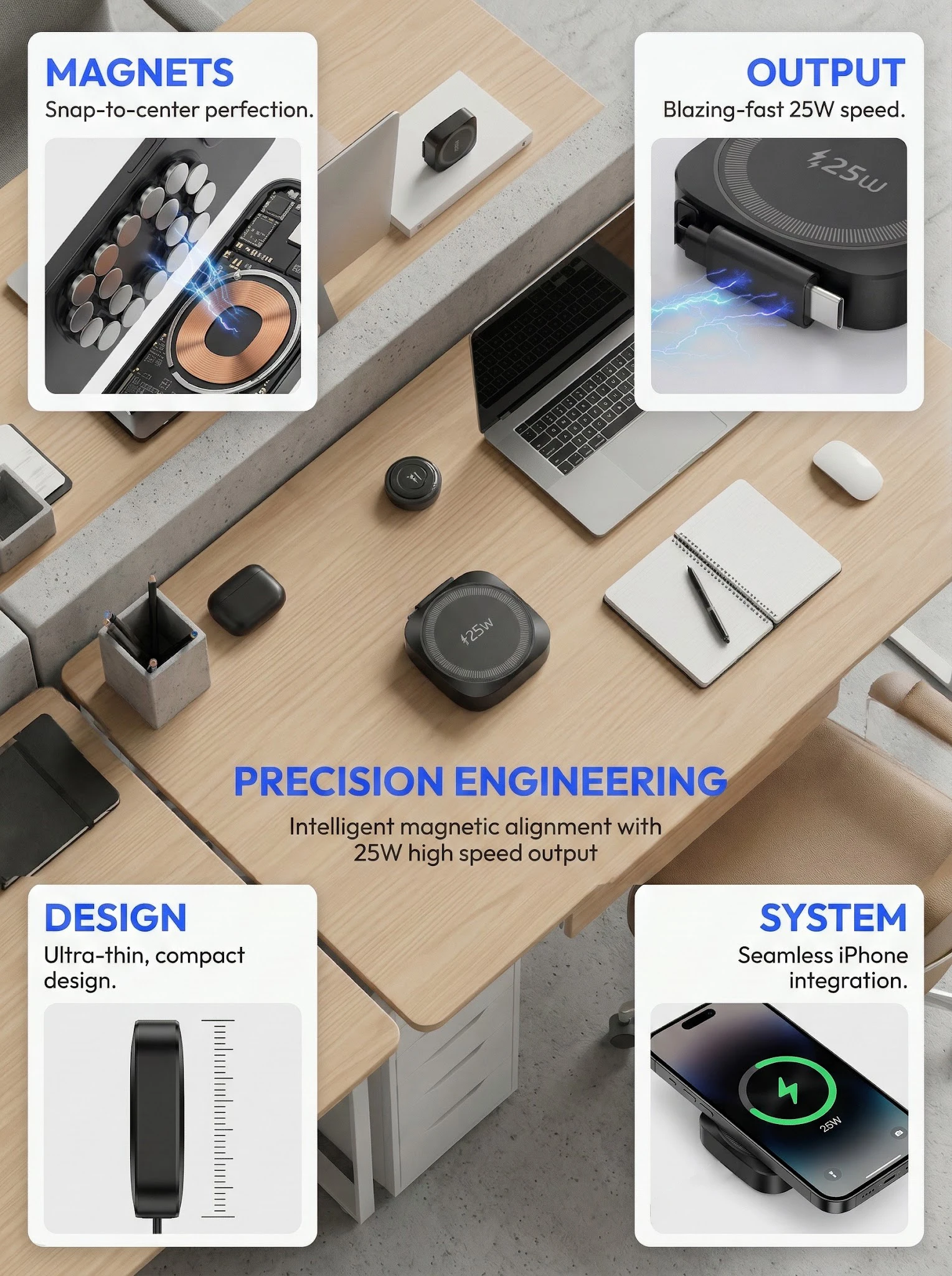 Qi2 25W Magnetisches Kabelloses Ladegerät für iPhone 17 16 15 Pro Max Airpods Kabelloses Schnell-Ladepad mit Ausziehbarem Typ-C-Kabel – Detail 5