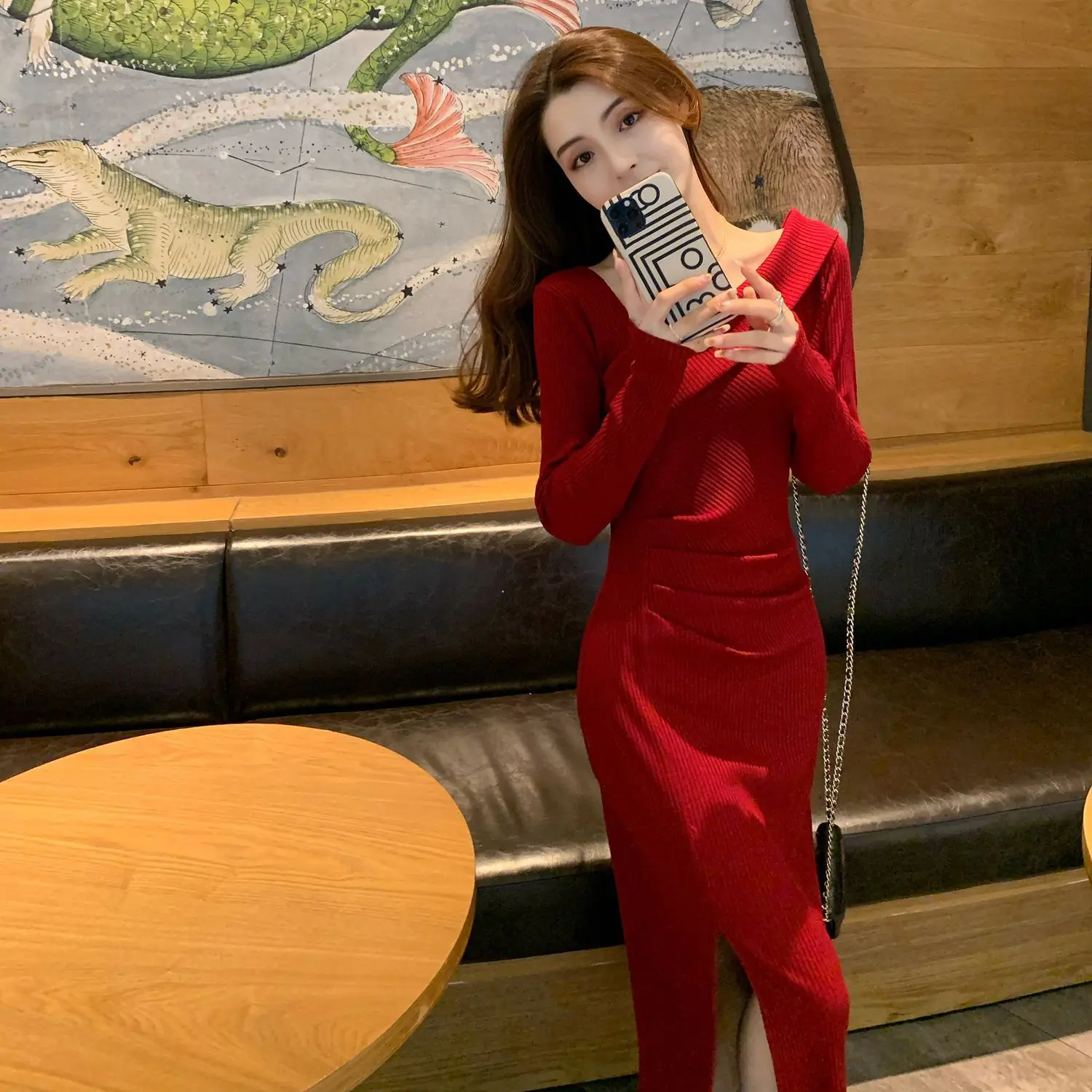 Long Sleeve Maxi Women\'s Knitted Sweater Dress Sexy Bodycon Female Knit Dresses for Fall and Winter Wrap Red Chic Elegant Midi
