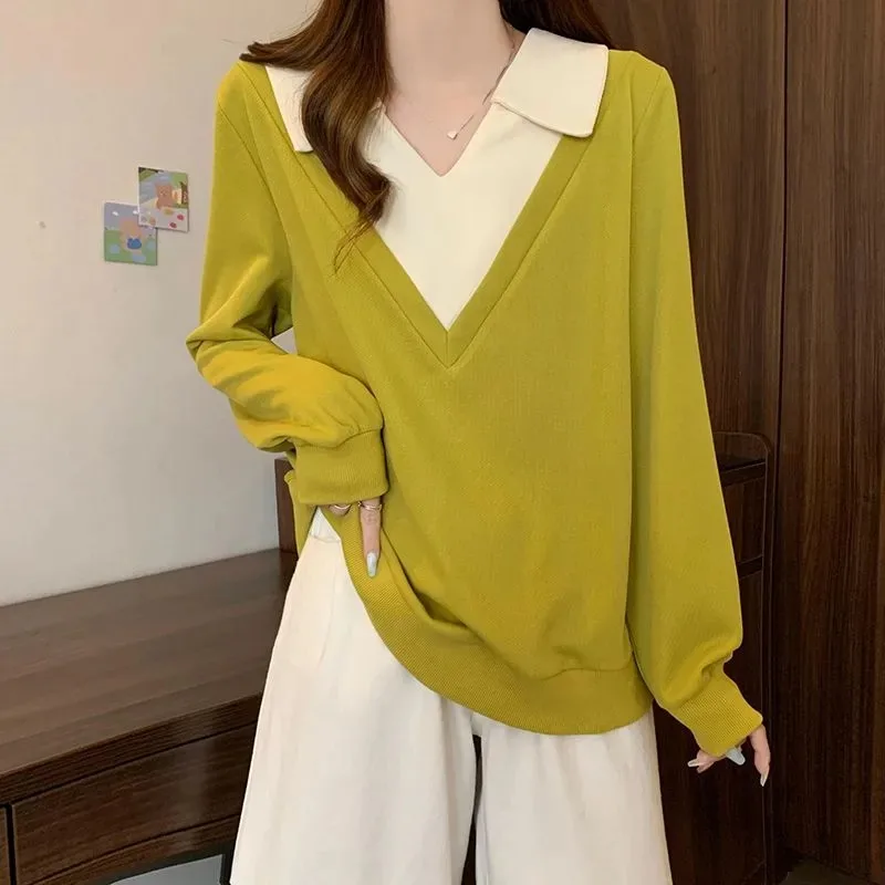 

Осенний новый контрастный цвет с v-образным вырезом, искусственный топ из двух частей с лацканами, свободное пальто с длинными рукавами, элегантный пуловер