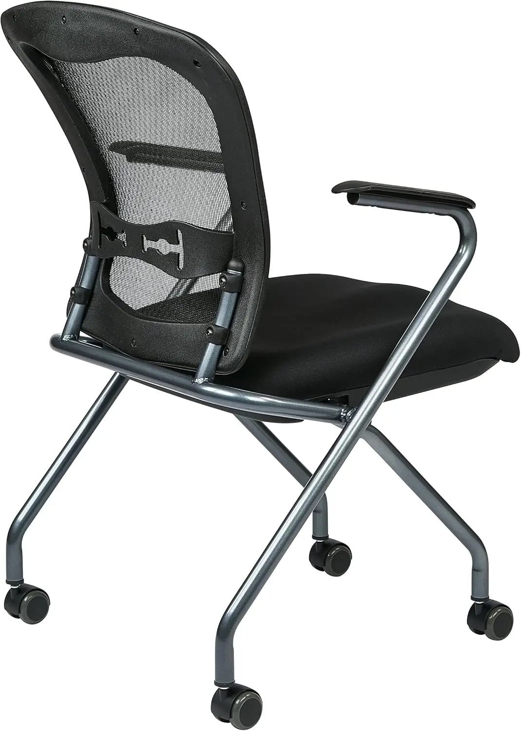 Office Star Deluxe Breathable Progrid Back Folding Nesting Chair 2-Pack With Armrests And Titanium Finish Frame, Coal Freeflex