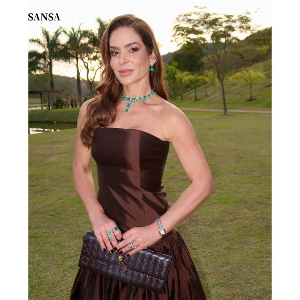 

Sansa Customized Brown Strapless A-Line Minimalist Prom Dress Sleeveless Sweep Train Vestidos De Noche Draped Evening Dresses