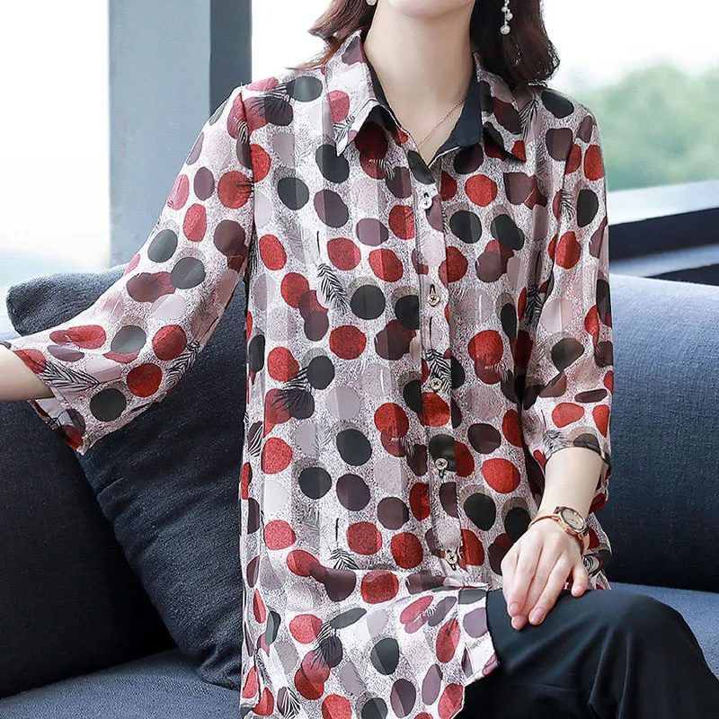 Summer New Women\'s All-match Polo-Neck Chiffon Shirt Female Clothing Fashion Single-breasted Casual Polka Dot Printed Blouse