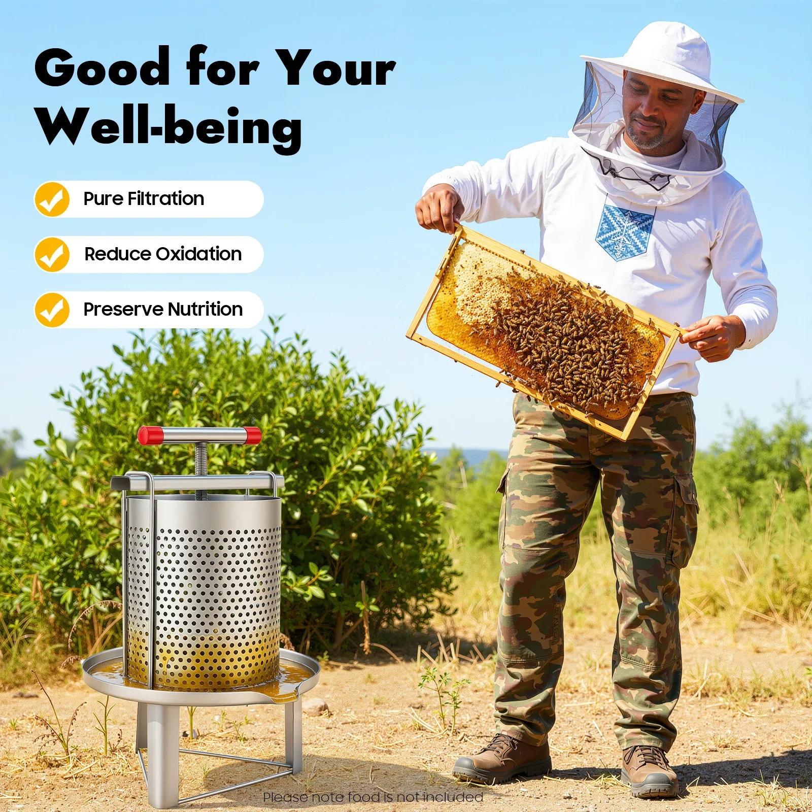 2.6 Gal Capacity Manual Honey Extractor, Stainless Steel Honey Press with Mesh Filter, Hand Crank for Healthy Beekeeping Harvest