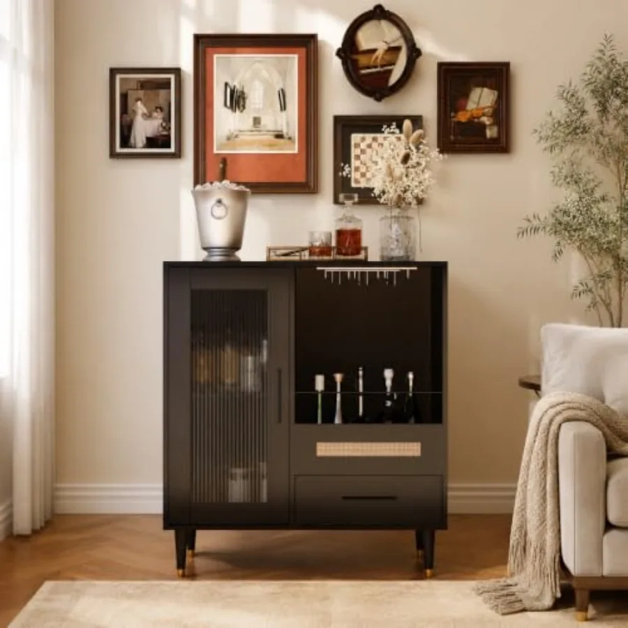 Wine Bar Cabinet with Glass Rack and Drawers, Coffee Bar Sideboard