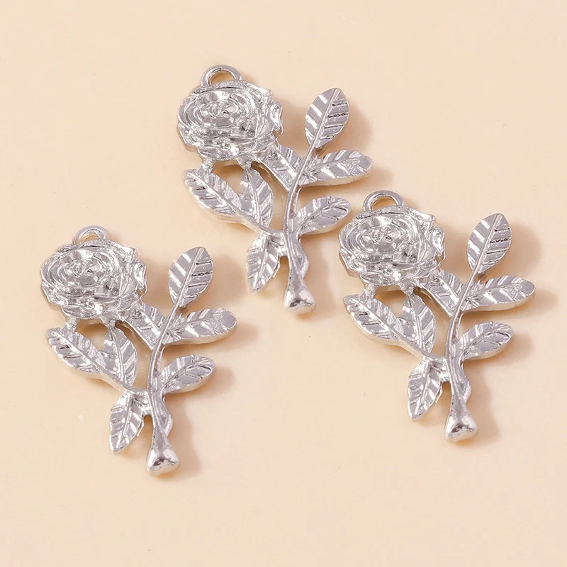 Leslie 10 Stück/Set Trendige Legierung Gold Silber Farbe Rosen-Blumen-Anhänger für Armbänder Halsketten DIY Handgemachtes Schmuckzubehör – Detail 6