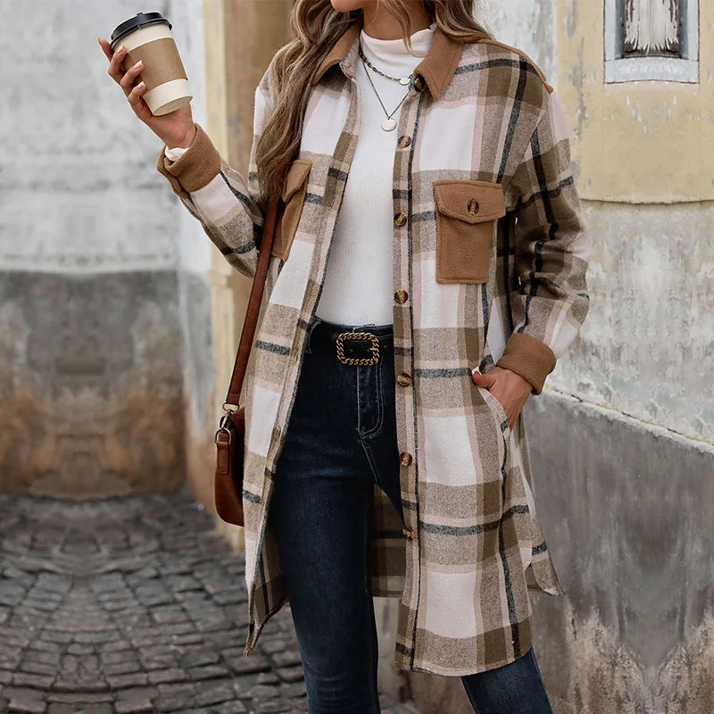 

Women's Plaid Longline Shirt Jacket with Contrast Pockets and Collar Autumn Winter Casual Fashion Loose Fit