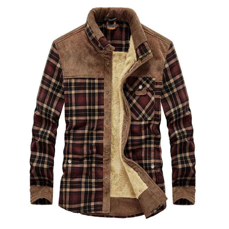 Men's Casual Fashion All-match Personality Simple Long-sleeved Shirt Plaid Plus Velvet Large Size Warm Jacket Jacket