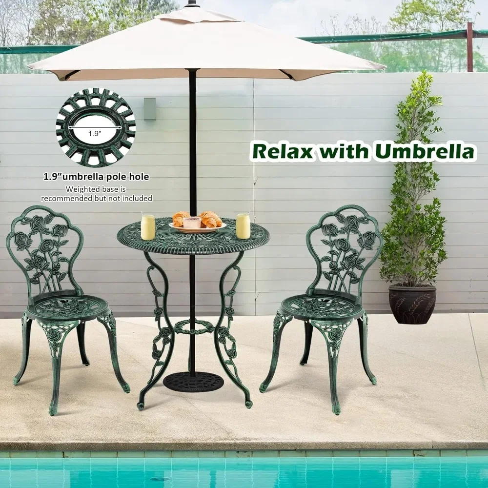 3 Piece Set Cast Aluminum Antique Outdoor Patio Weather Resistant Garden Round Table and Chairs w/Umbrella Hole (Rose Design)