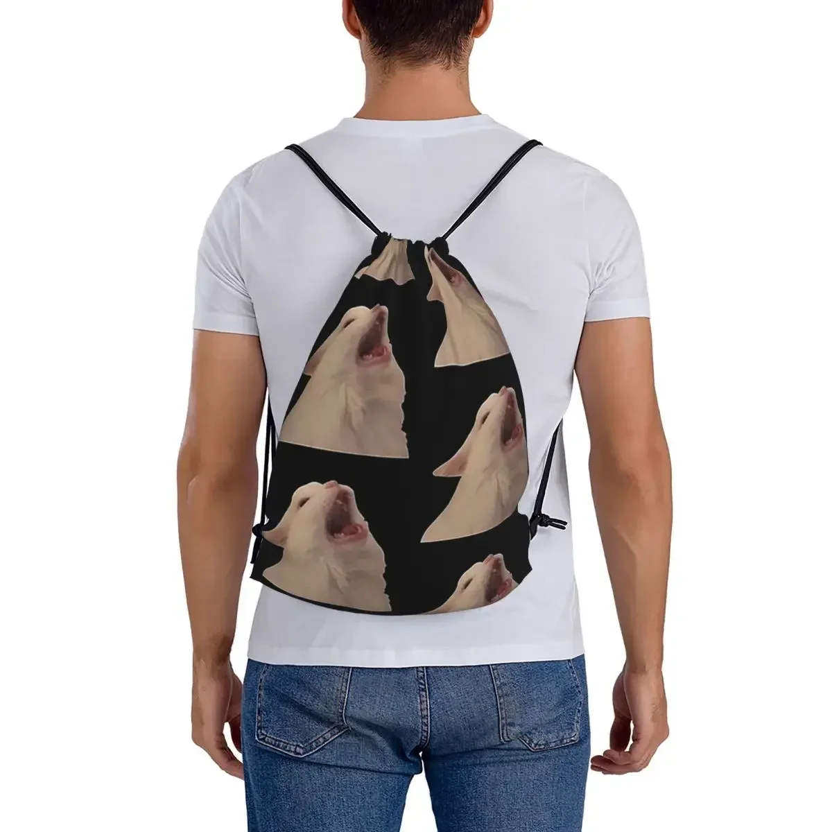 White Cat Screaming Meme Backpacks Portable Drawstring Bags Drawstring Bundle Pocket Storage Bag Book Bags For Travel Students