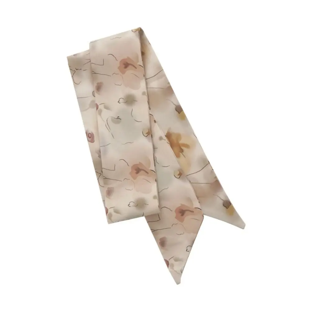 Bufanda de seda larga elegante con pintura de tinta, cinta para el pelo, pañuelo largo de seda, bufanda estampada, tocado, banda para el pelo antigua para mujer