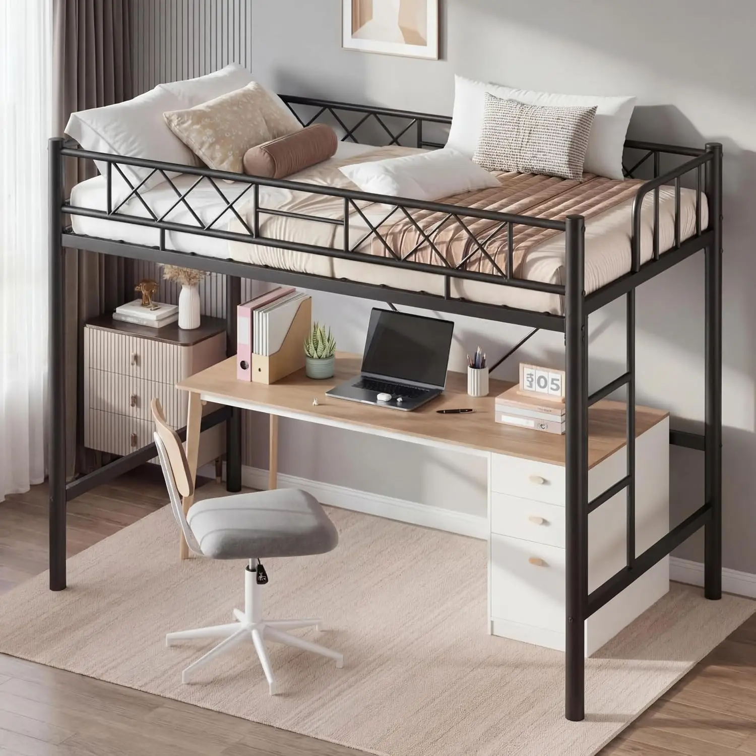 Twin Loft Bed Frame - Metal Heavy Duty, Twin-Size Loft Bed with Safety Guardrail & Ladder, Space-Saving Platform (No Box Spring)