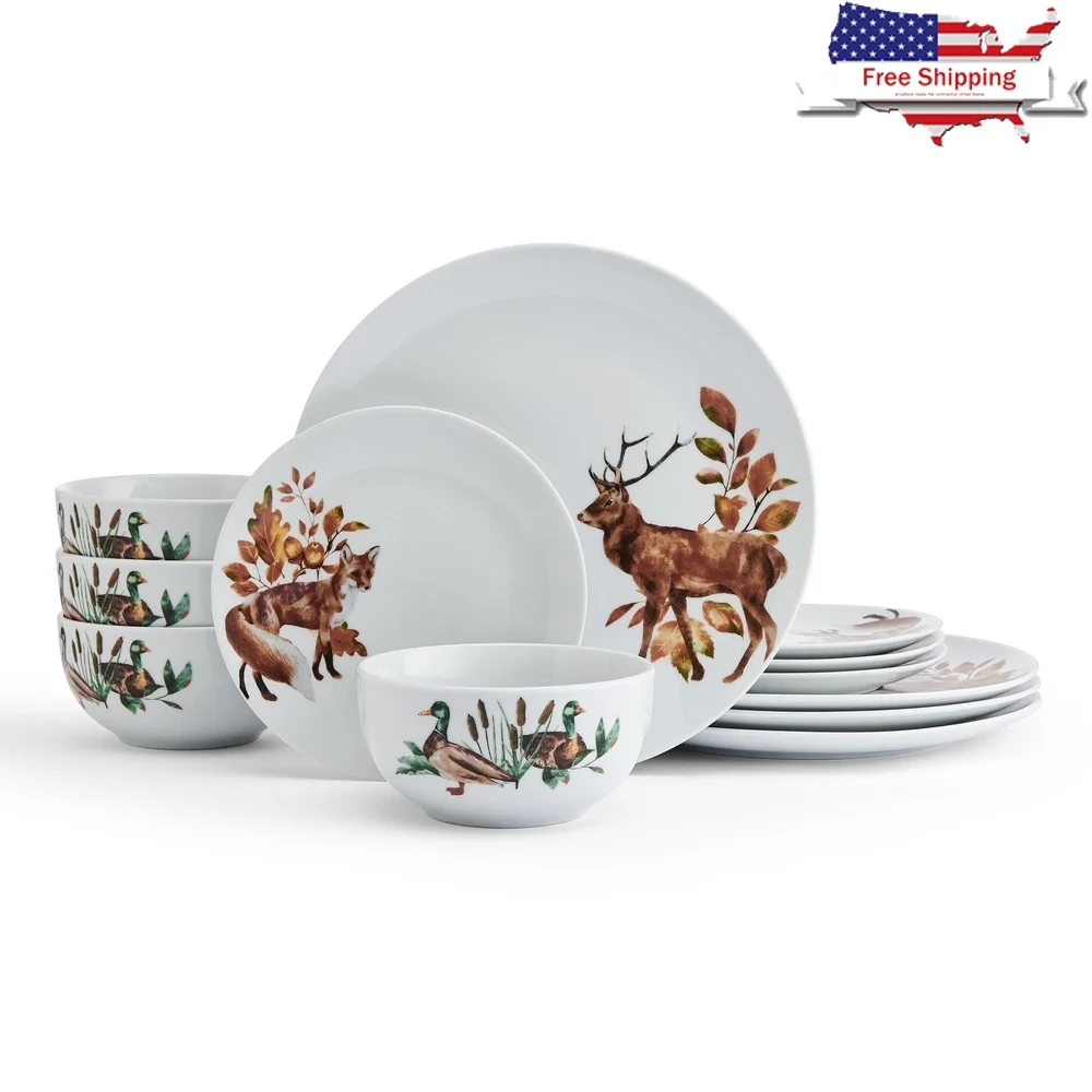

12 Piece Porcelain Dinnerware Set Service 4 Microwave Dishwasher Safe Coupe Plates Bowls Wildlife Design Perfect Dining