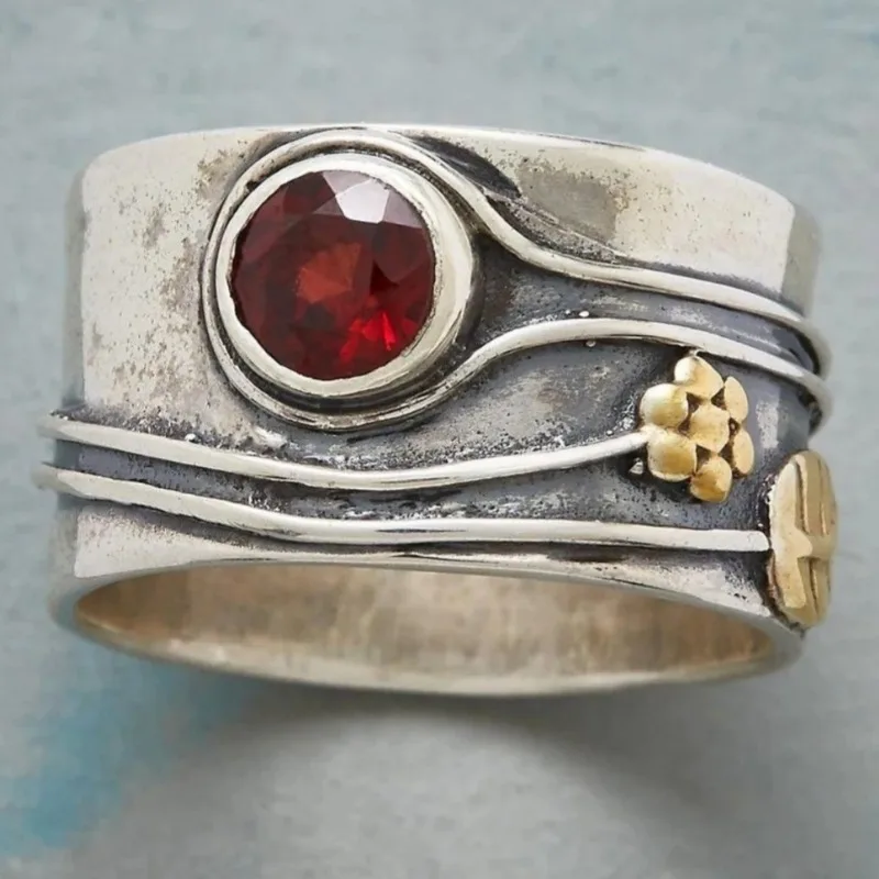 Vintage Inlaid Red CZ Leaf Women's Ring Trendy Two Color Hand Carving Daily Wear Party Jewelry Anniversary Gift