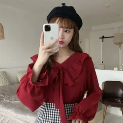 Blouse Women Shirt V-neck Bow Long-Sleeved Red Shirt Spring and Autumn Chiffon Top Blusas Mujer