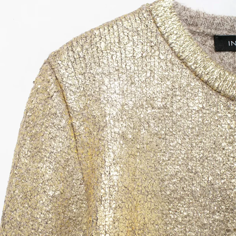 TRAF Foil Cropped Cardigans Autumn Long Sleeve Gold Knitted Cardigan Women Glitter Winter Button Knit Outerwear Short Sweaters