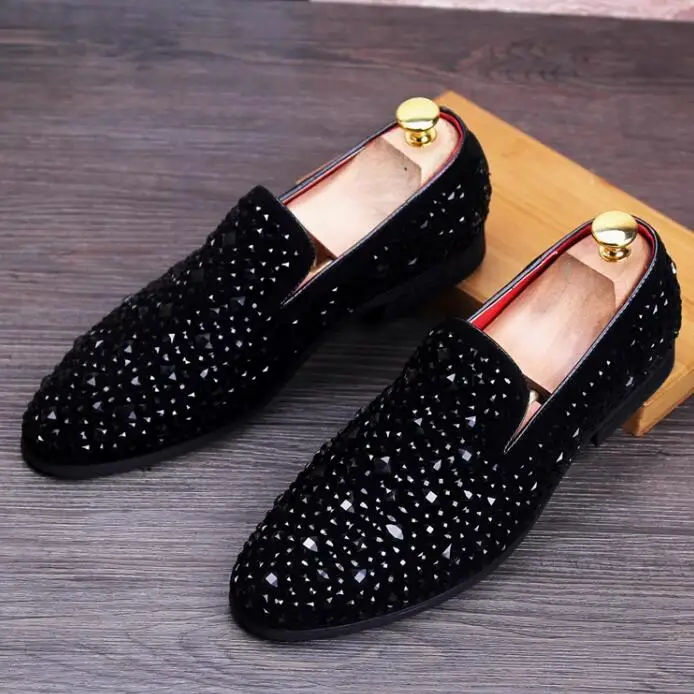 Bling Black Square Crystal Full Drilled Loafers Low Square Heel Man Shoes Slip On Leisure Casual Shoes