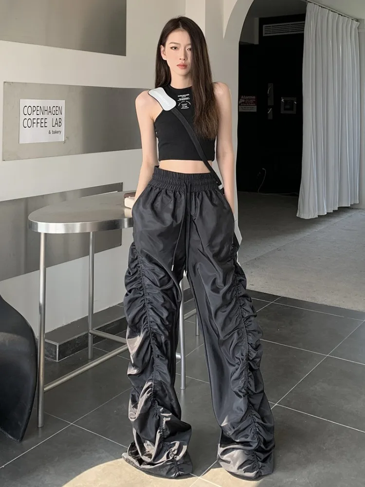 

WCFCX STUDIO 2024 Spring New Personality Pleated Black Wide Leg Pants Elastic Waist Causal Loose Trousers Women Vintage