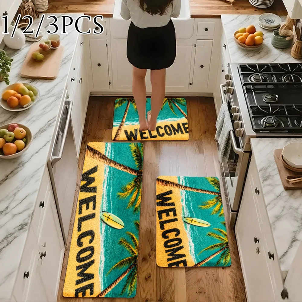 3PCS Kitchen Rugs,Home Decoration for Front Door, Kitchen, Bathroom, Tropical Palm Tree Beach Surfboard Welcome Dining Mat