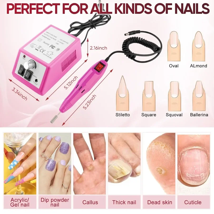Taladro eléctrico profesional para uñas, Kit de lima de uñas, juego de manicura y pedicura para Gel de uñas acrílico, removedor de formas artísticas en polvo