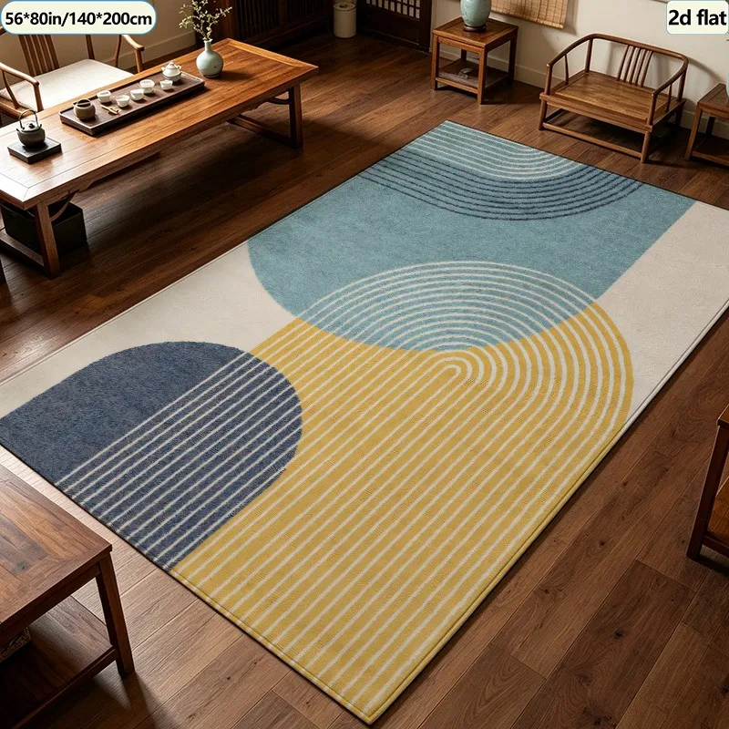 Mid-Century Blue Yellow Curved Arch Carpet Flooring, Modern Abstract Geometric Color Block Area Rug Anti-Slip Floor Mat for Living Room Dorm Home Decoration