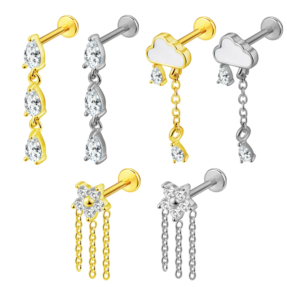 1PC Cloud Water  Drop Earring Stud16G Stainless Steel Helix Cartilage Chain Internal Thread Labret Stud Piercing Earrings