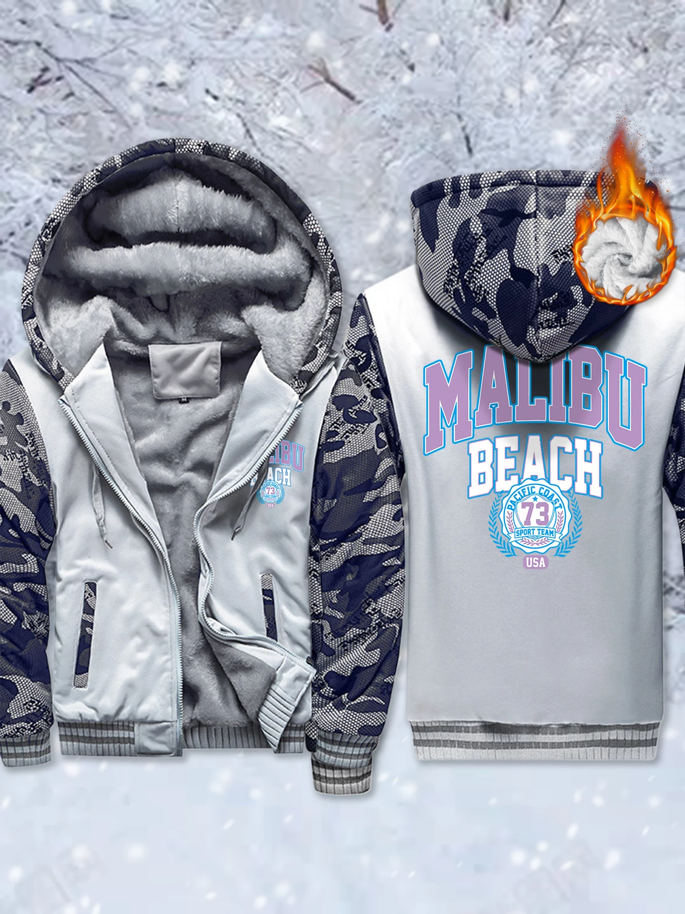 

Creative Mailbu Beach Pacific Coast Printed Thicken Winter Jackets Men Warm Comfy Veste Zip-Up Pocket Outwear Fleece Soft Hoodie