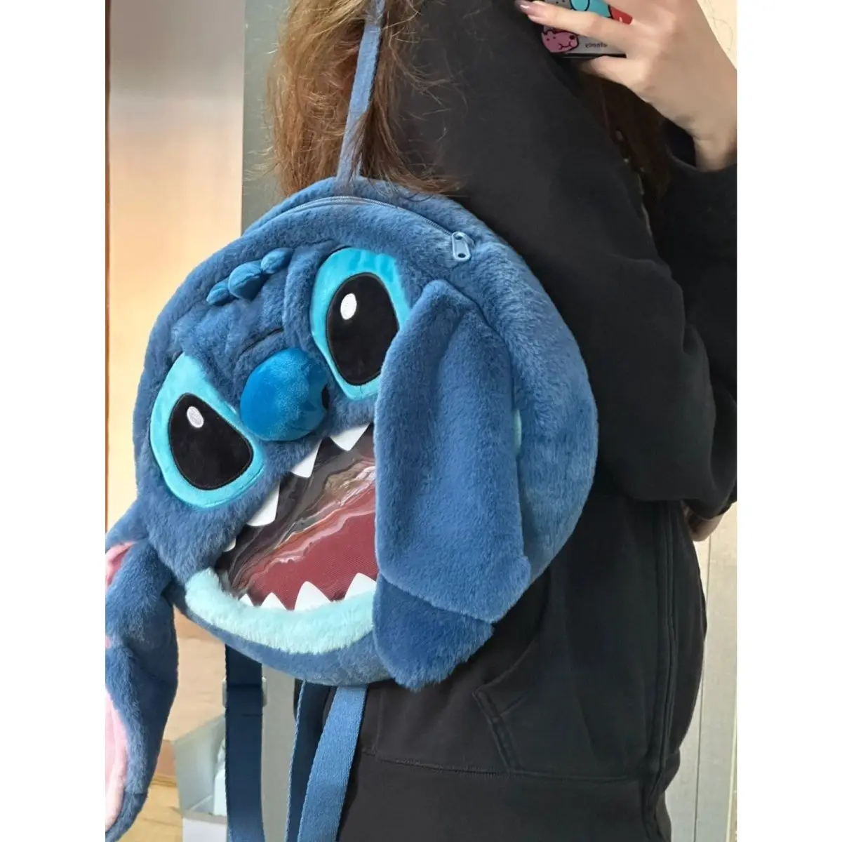 ステッチぬいぐるみリュックサック、バッジやピン用の大きな透明窓付き、日本のJKスタイル、女子学生・大学生向けデイパック