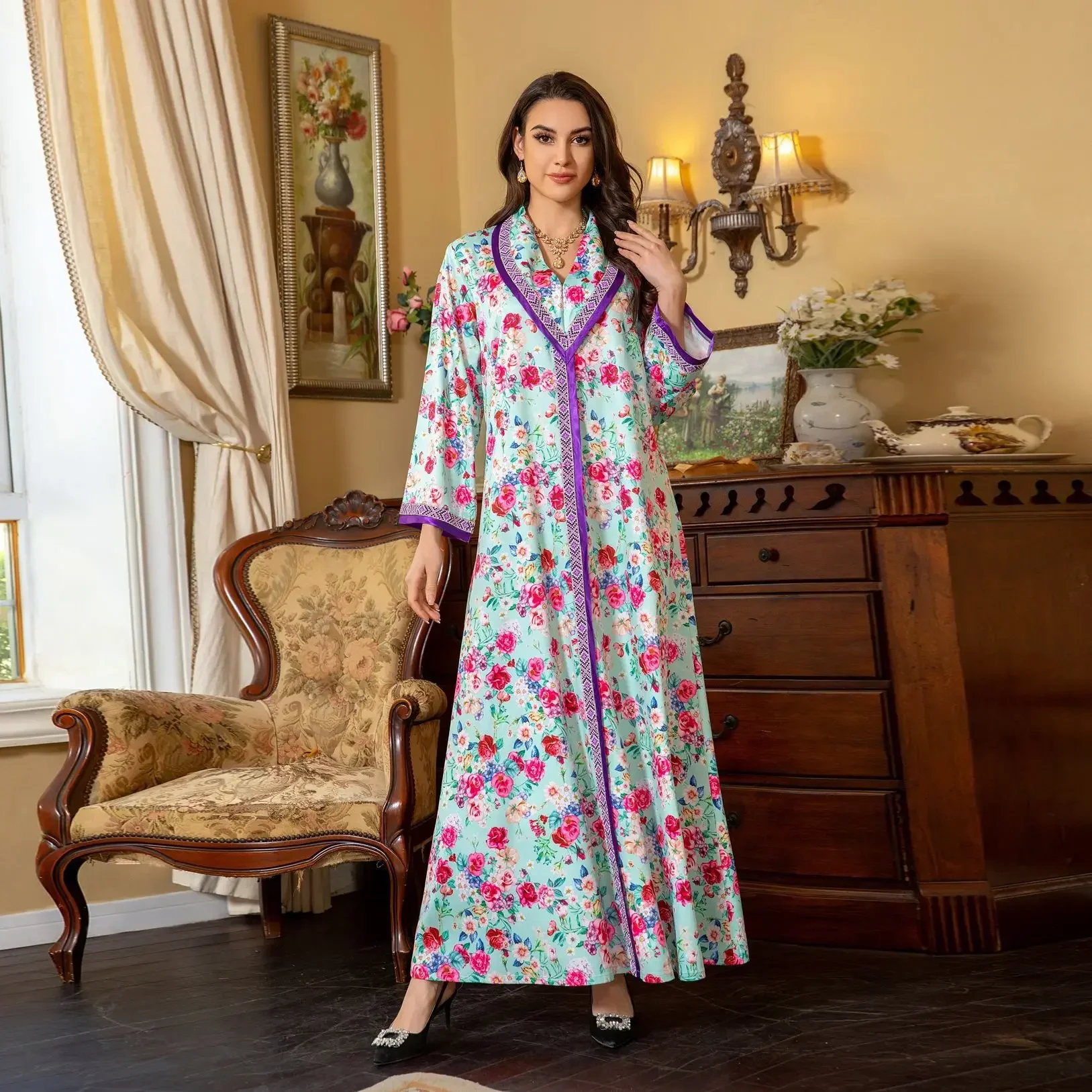 

Eid Abayas for Women Muslim Floral Print Maxi Dress Dubai Kaftan Islamic Clothing Arabic Robe Caftan Marocain Femme Musulmane