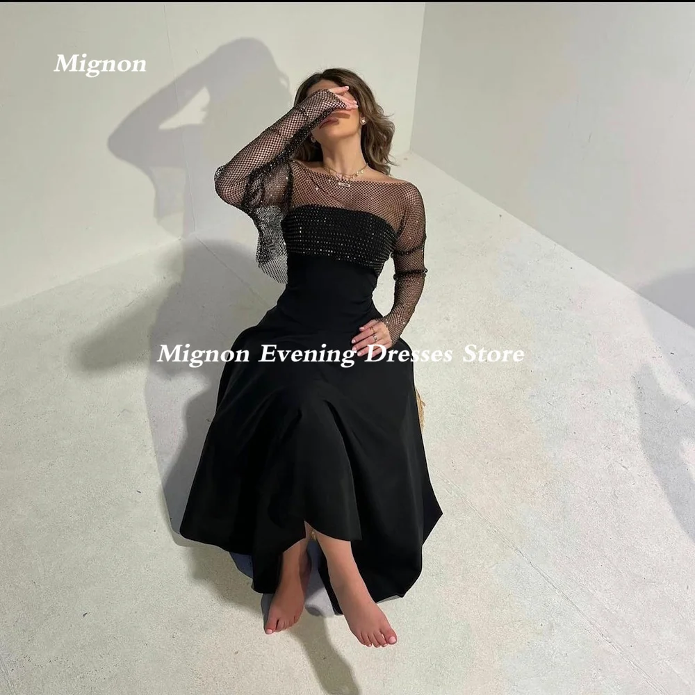 

Mignon Satin A-Line Prom Gown Strapless Evening Tea-Length Long Sleeves Formal Ruffle Elegant Party Dresses for Women 2023