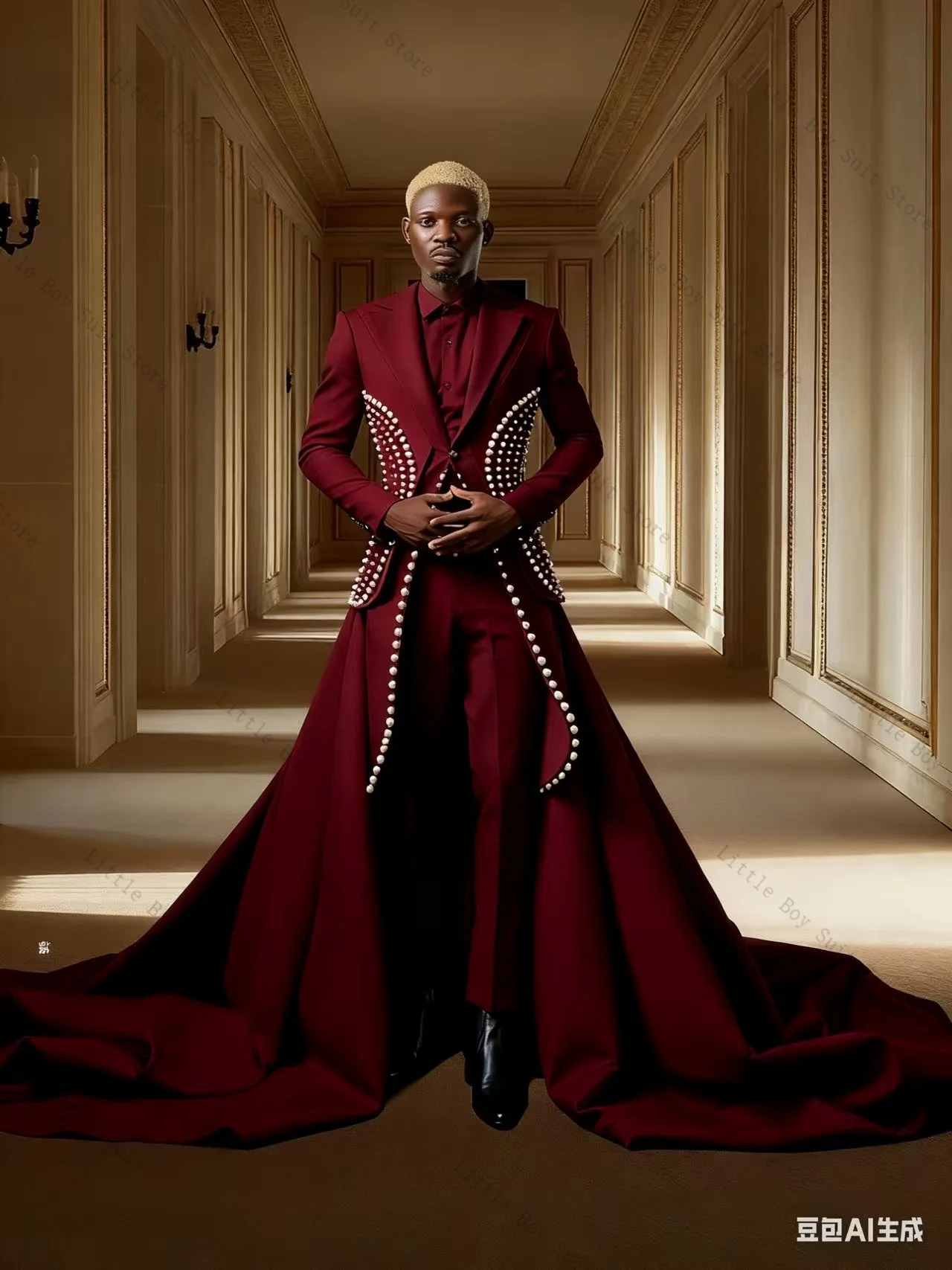 

Luxury Pearls Men Suit Set 2 Piece Jacket Blazer Pants Wedding Tuxedo Long Train Cotton Formal Office Business Coat Customized