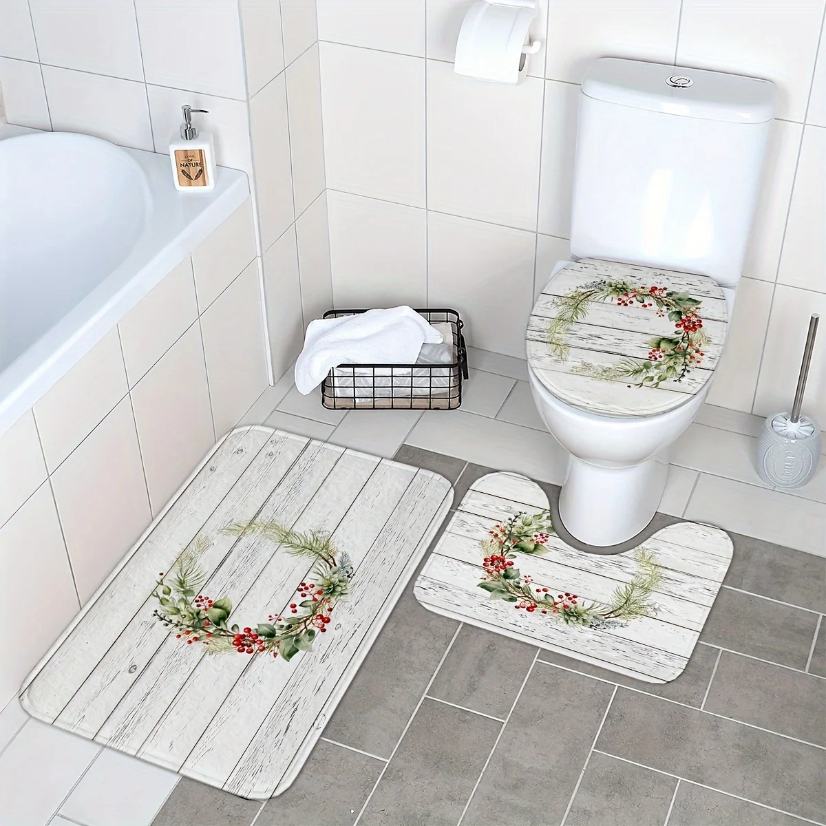 

Рождественский венок из 3 предметов с узором под дерево, полиэфирная ткань, можно стирать в машине, U-образный коврик, нескользящий коврик, чехол на сиденье унитаза